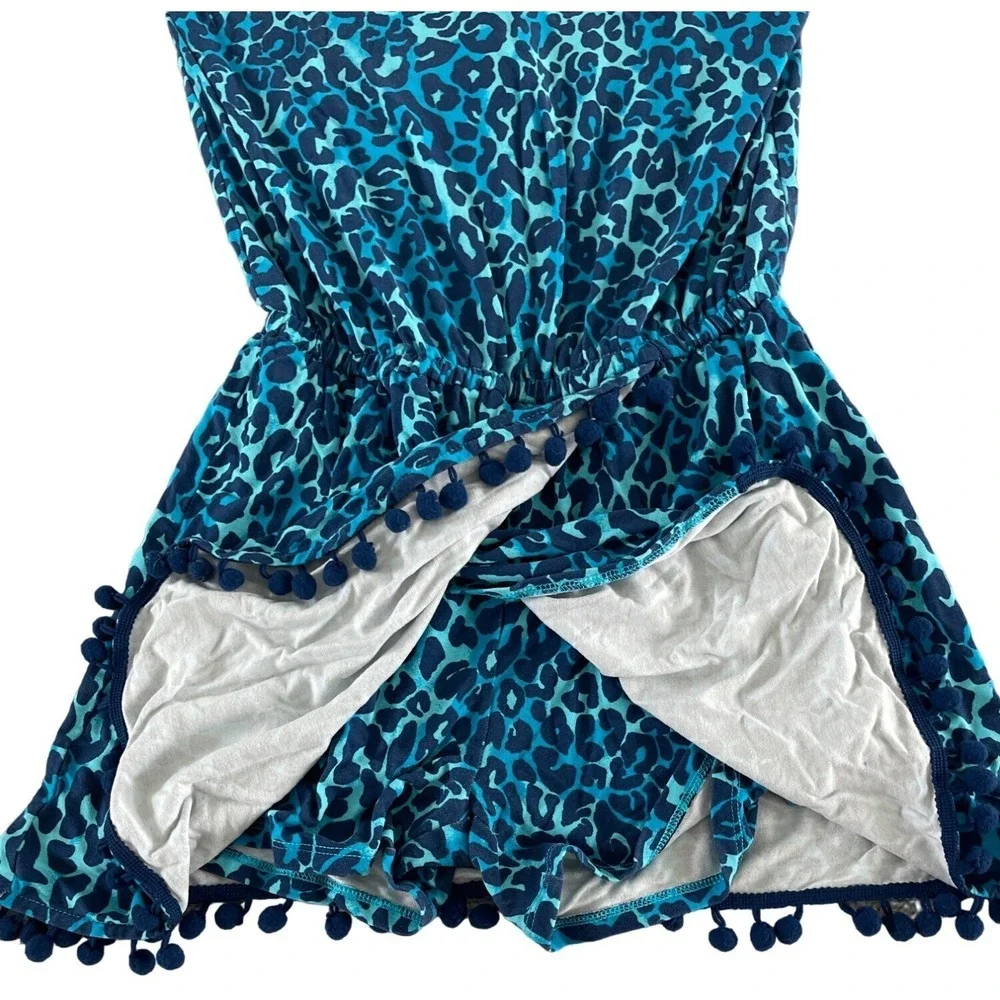 Lilly Pulitzer Gigi Romper Blue My Favorite Spot Leopard Print Pom Poms XXS $138